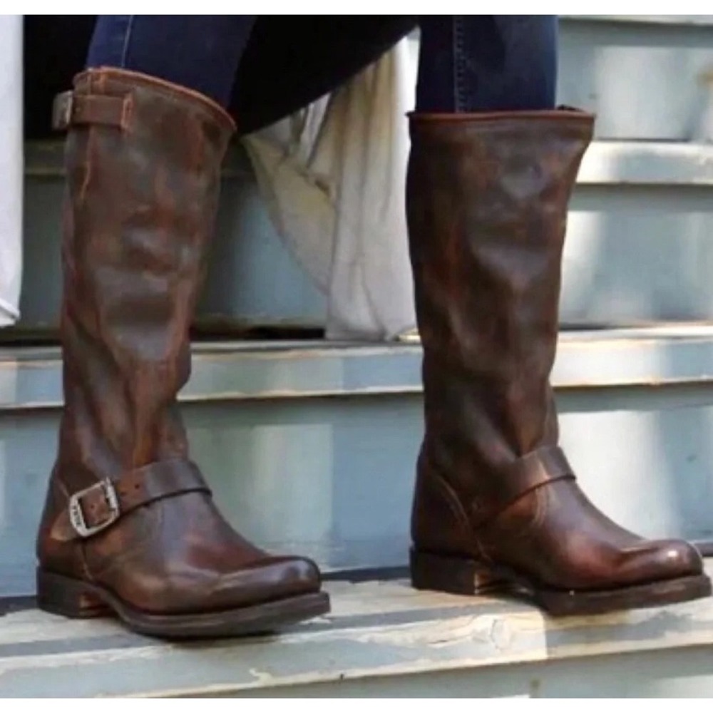 Frye Engineer 12R Boots Dark Brown Distressed Leather Tall Moto Womens 8.5